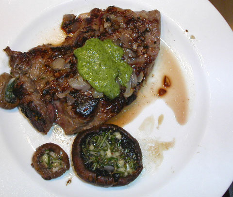 Photo of Chateaubriand and cilantro sauce with rosemary garlic mushrooms copyright 2004 Owen Linderholm