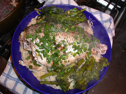 Valentine's Day steamed striped bass on a bed of broccoli rabe copyright Owen Linderholm 2005