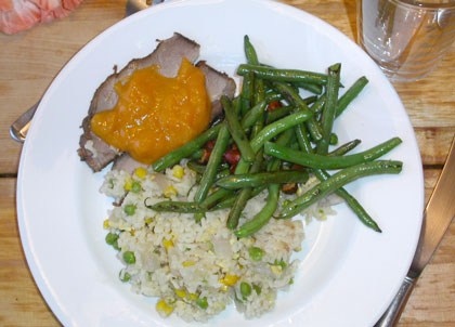Photo of Slow roasted pork with apricot sauce, green beans and rice copyright 2004 Owen Linderholm